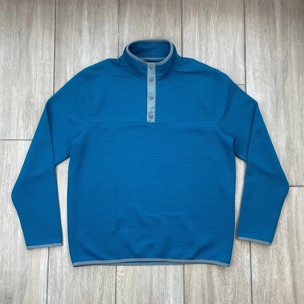J.Crew Authentic Fleece Pullover Mens L Blue Quarter Snap Mock Neck Polyester
